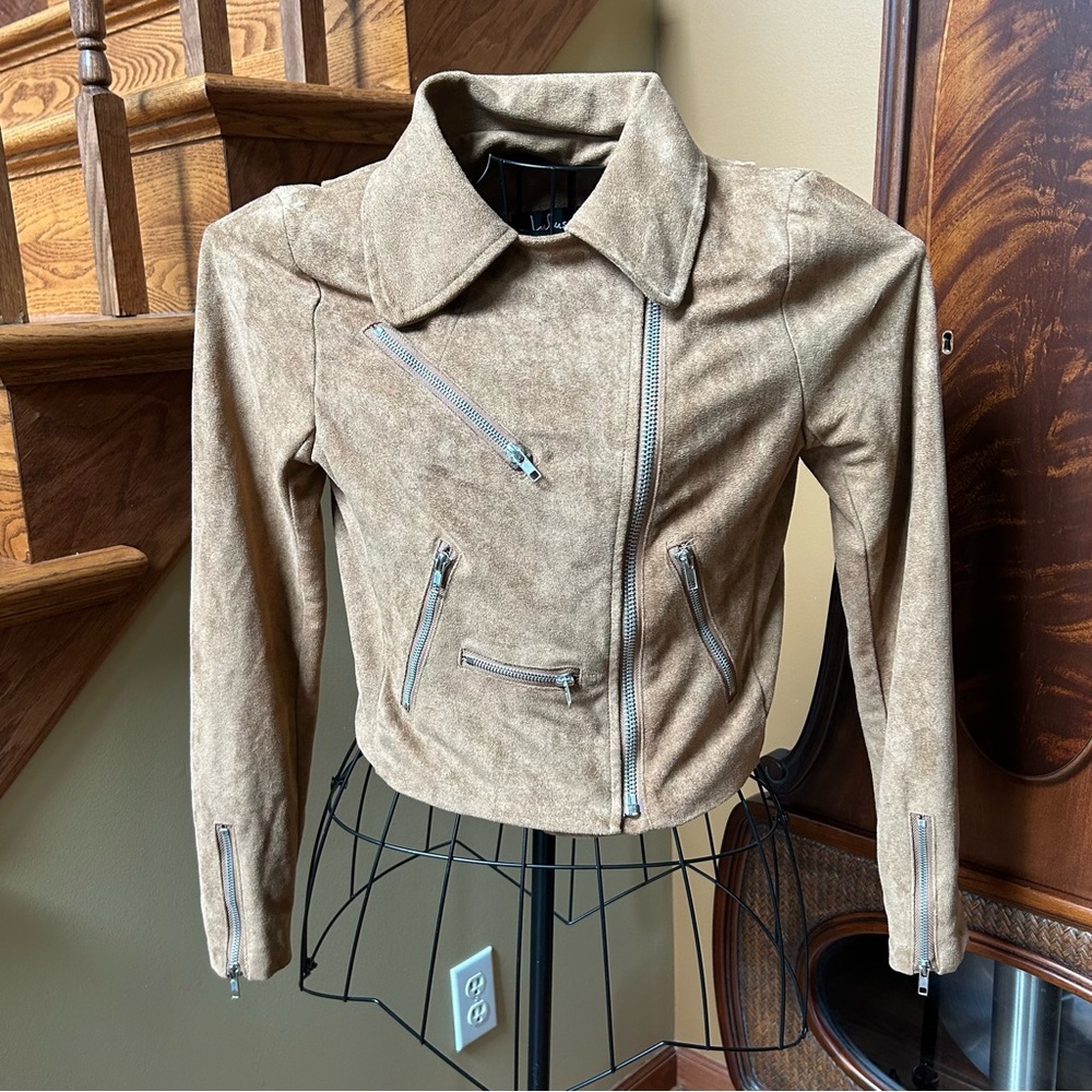 Women’s Lulus Faux Suede Moto Jacket Brown Zip Pockets Asymmetrical Size S